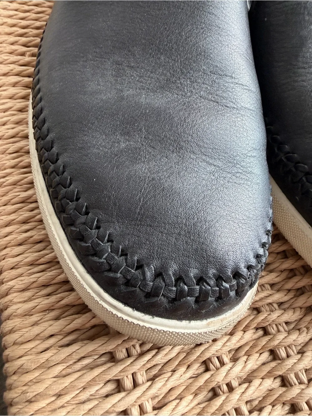 Vince Black Leather Slip-On Loafers with Whipstitch Detail